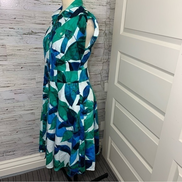 Jones New York Fit Flare Midi Dress Sz 4 Blue Green White Tropical Button Front - Picture 6 of 11